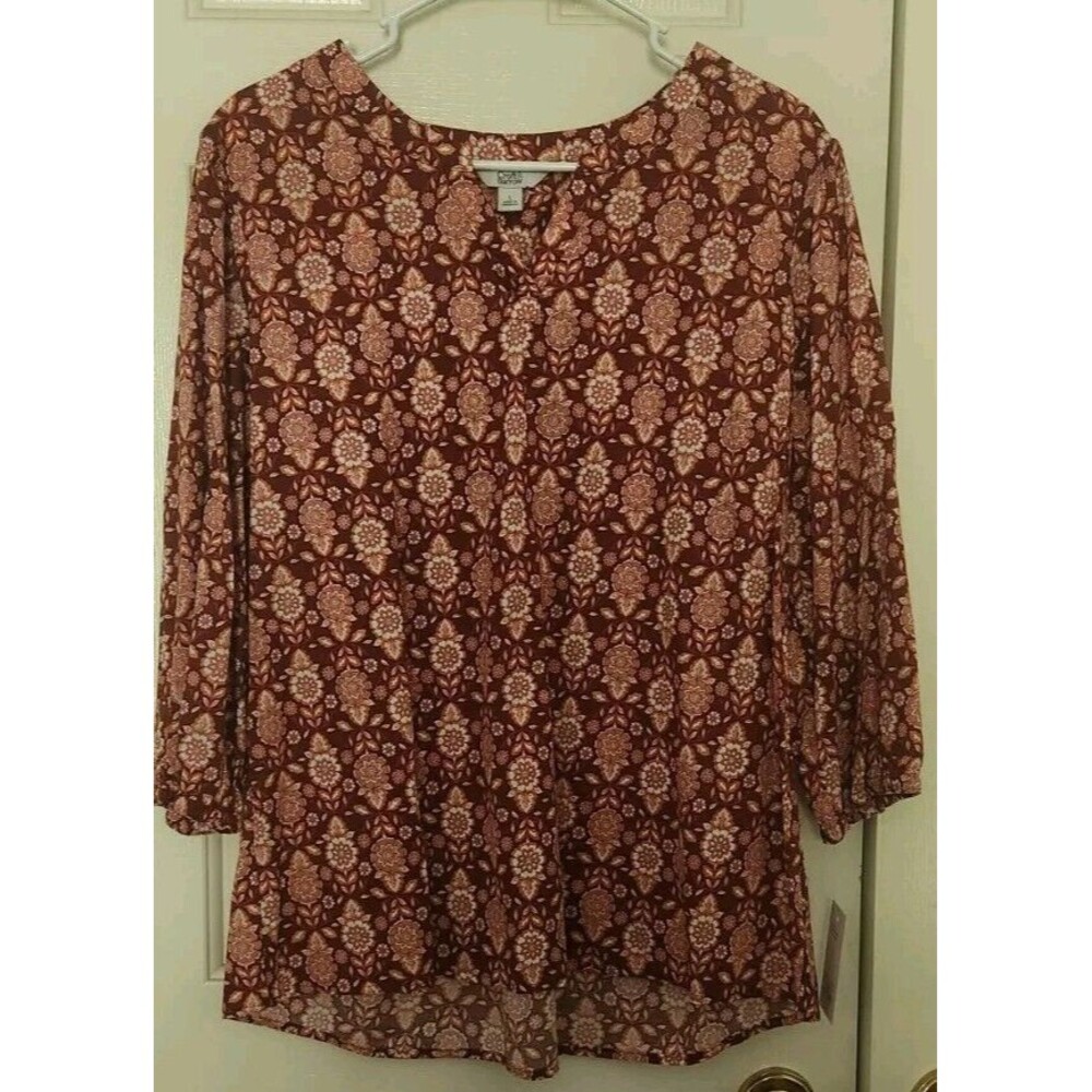 Croft & Barrow Peasant Top Women’s L Long Sleeve V Neck Boho Red Orange NWT